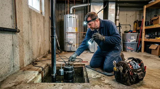 Technician inspecting a sump pump pit with a flashlight in a basement