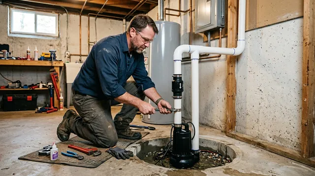 Plumber installing a sump pump check valve in an older Kokomo basement