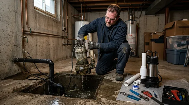 Plumber removing an old, corroded sump pump from a basement pit in Kokomo, IN
