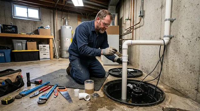 Plumber working on a sump pump discharge pipe connection