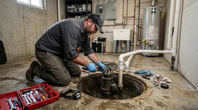 Technician repairing a sump pump inside the pit of a Kokomo, IN basement