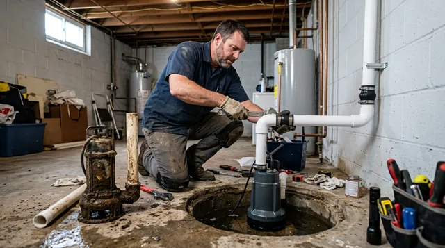 Plumber fitting sump pump discharge pipe connections above the pit