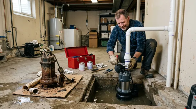 Plumber replacing an old sump pump with a new unit next to the pit