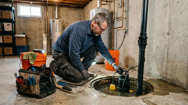 Technician performing routine sump pump maintenance in a Kokomo basement